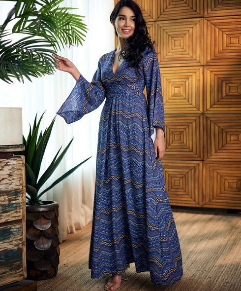 Chiffon Printed Draped Maxi Dress